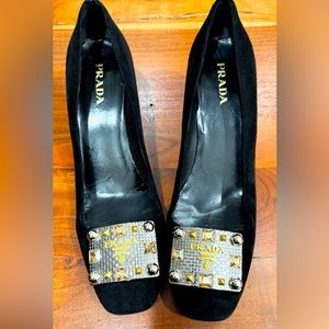 Prada Velvet Logo Plaque Heel Pumps